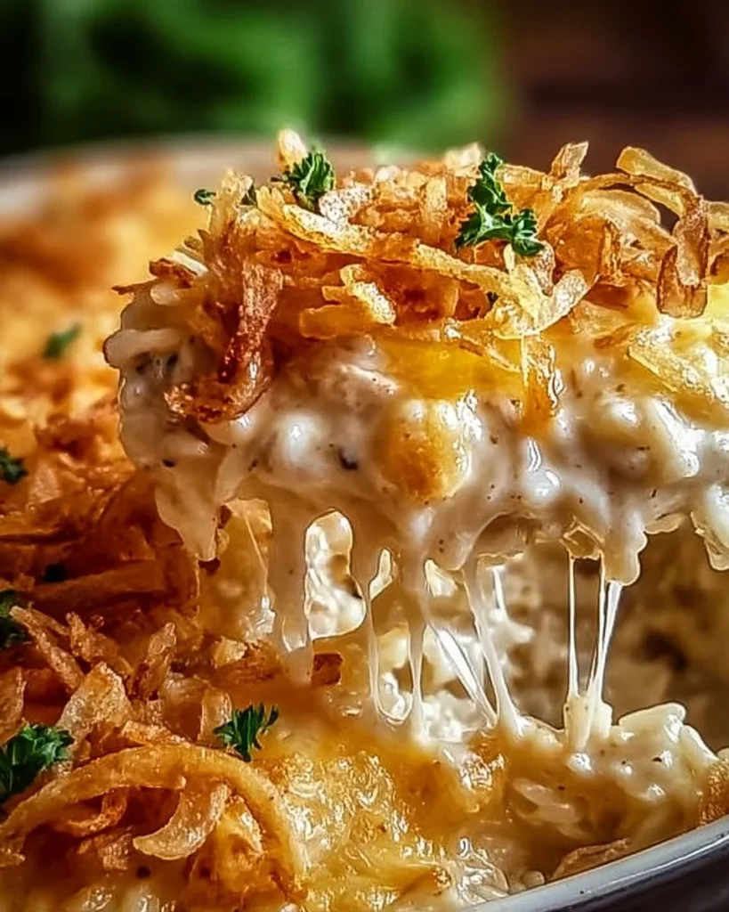 Delicious French onion chicken rice bake with layers of cheese and onions.