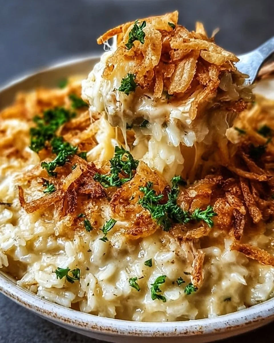 Delicious French Onion Chicken Rice Bake served in a rustic dish