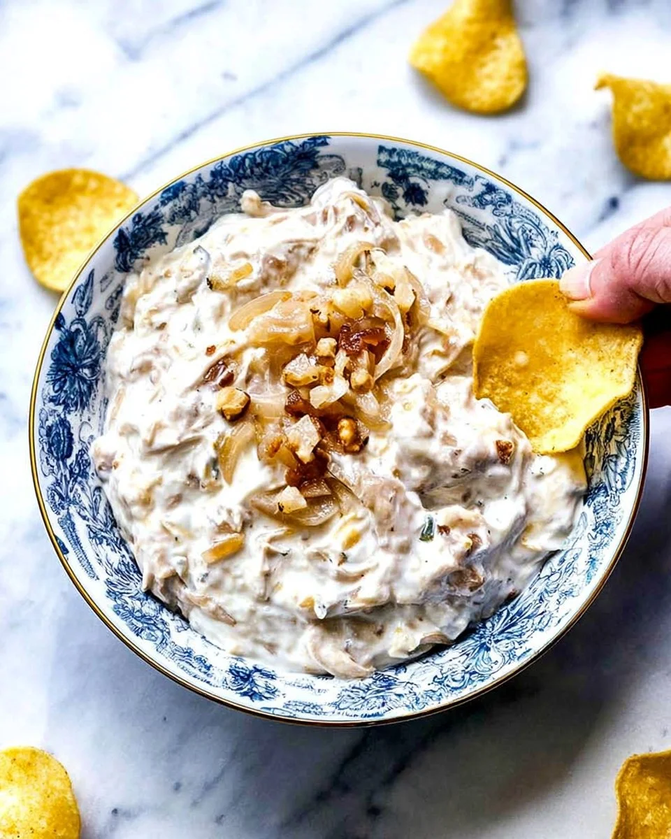 Creamy French onion dip served with fresh vegetables and chips.