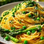 Fresh lemon garlic pasta dish garnished with parsley and lemon slices