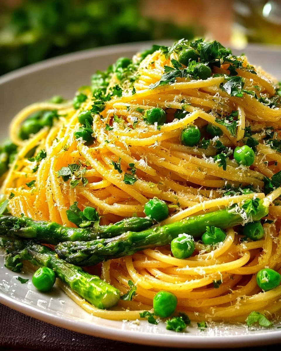 Fresh lemon garlic pasta dish garnished with parsley and lemon slices
