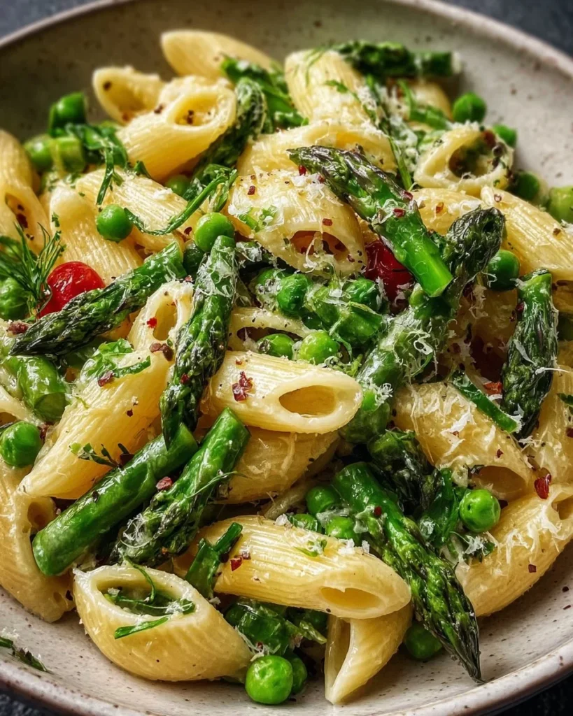 Fresh Spring Pasta Salad with colorful vegetables and dressing