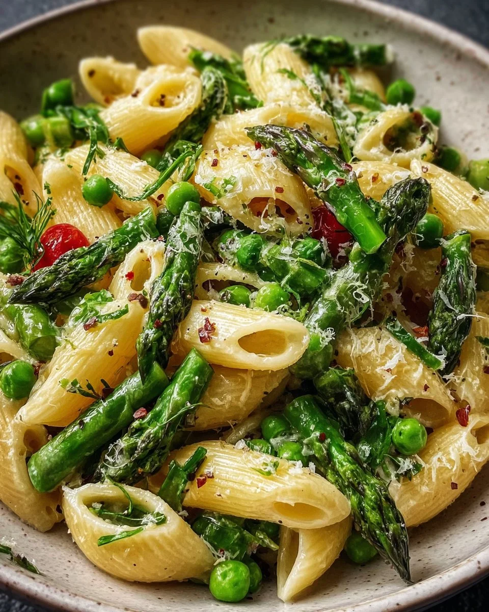 Fresh Spring Pasta Salad with colorful vegetables and dressing
