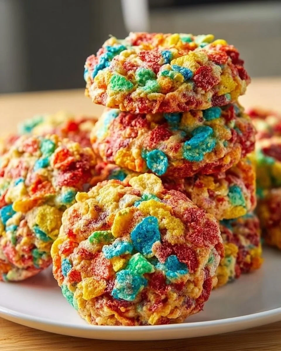 Fruity Pebbles Cookies with colorful cereal and sprinkles on a plate