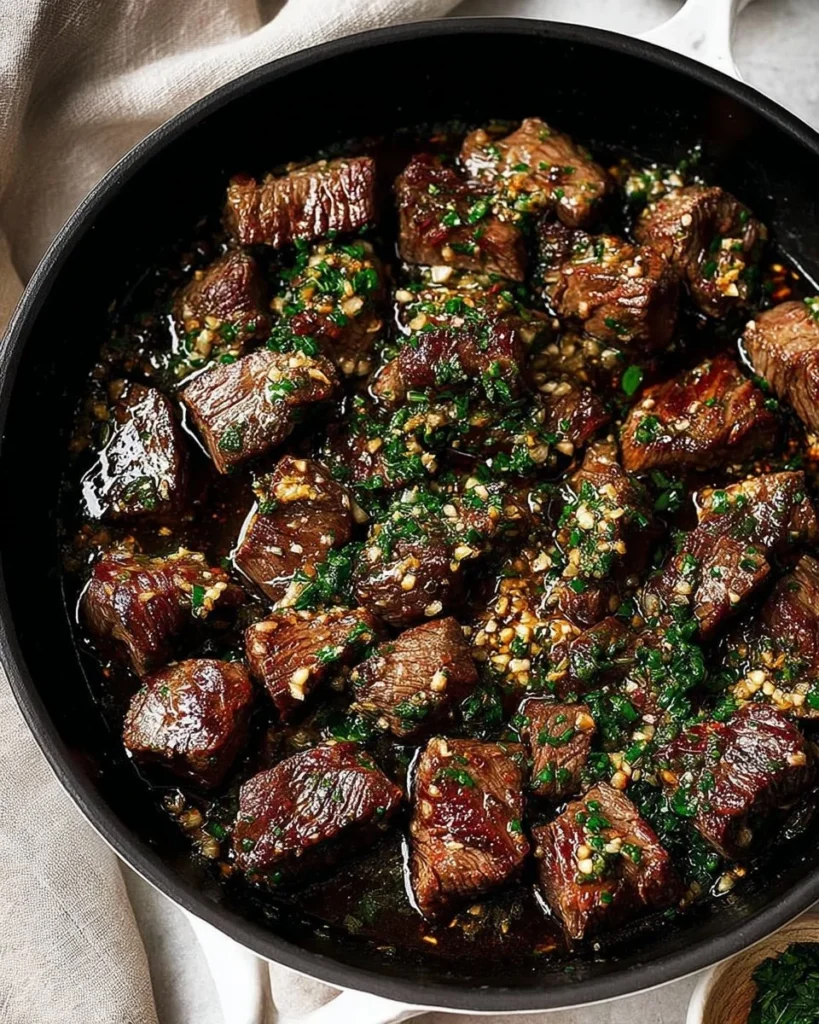 Delicious Garlic Butter Steak Bites garnished and ready to serve.