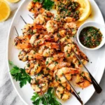 Delicious garlic grilled shrimp skewers ready to be served on a plate.