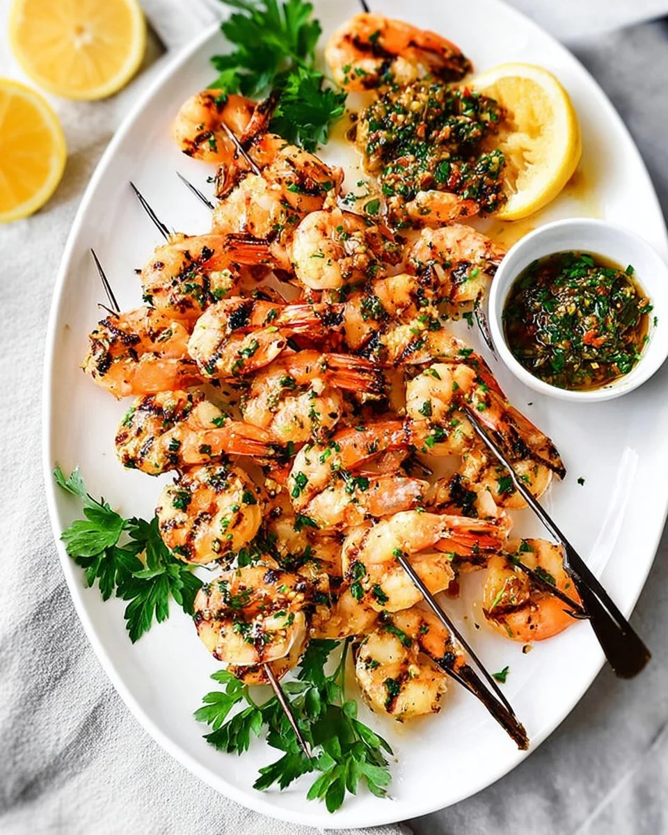 Delicious garlic grilled shrimp skewers ready to be served on a plate.
