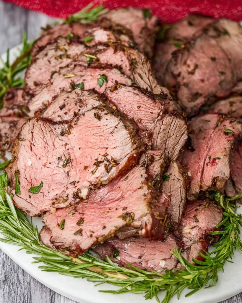 A succulent Garlic Herb Roast Beef served with vegetables on a rustic table.