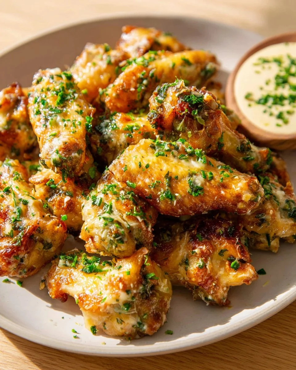 Delicious Garlic Parmesan Wing Sauce dripping from crispy chicken wings