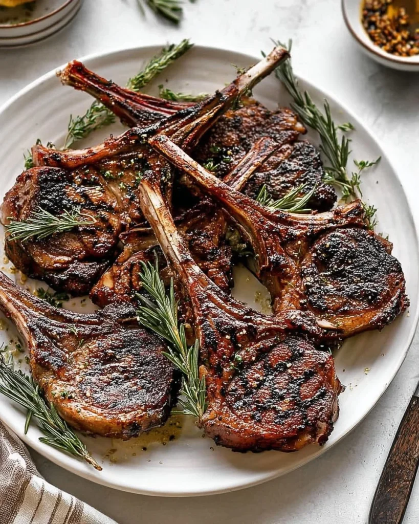 Grilled lamb chops seasoned with garlic and rosemary on a serving platter