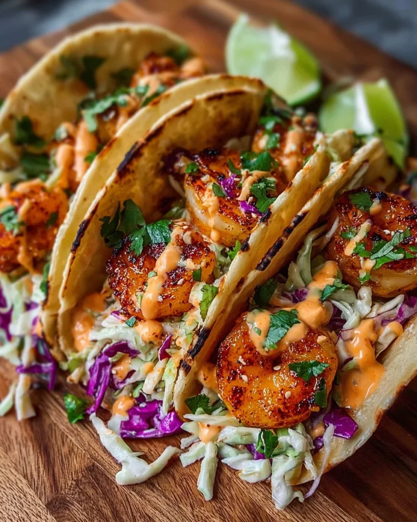 Gluten-free Bang Bang Shrimp Tacos topped with slaw on a plate