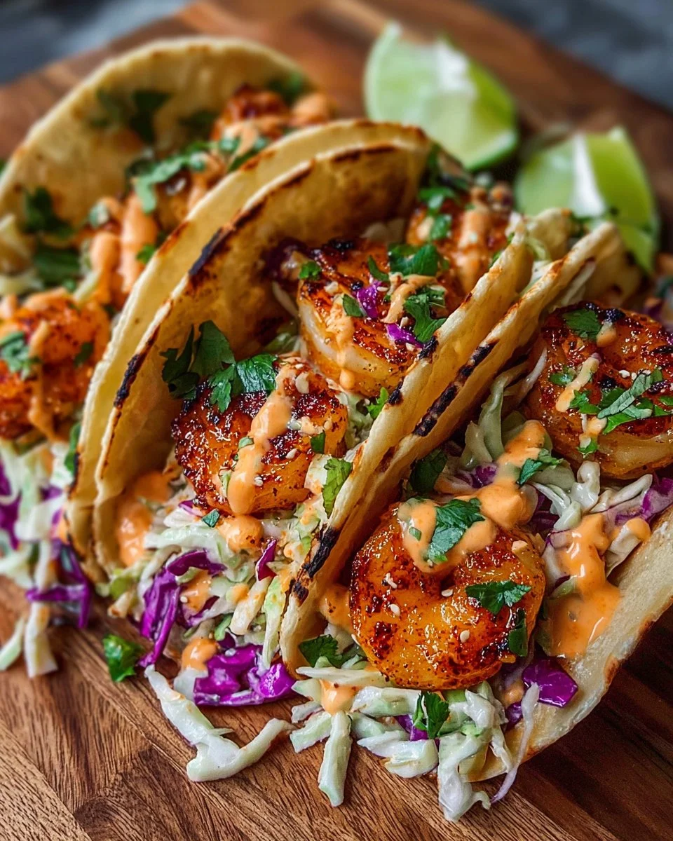 Gluten-free Bang Bang Shrimp Tacos topped with slaw on a plate