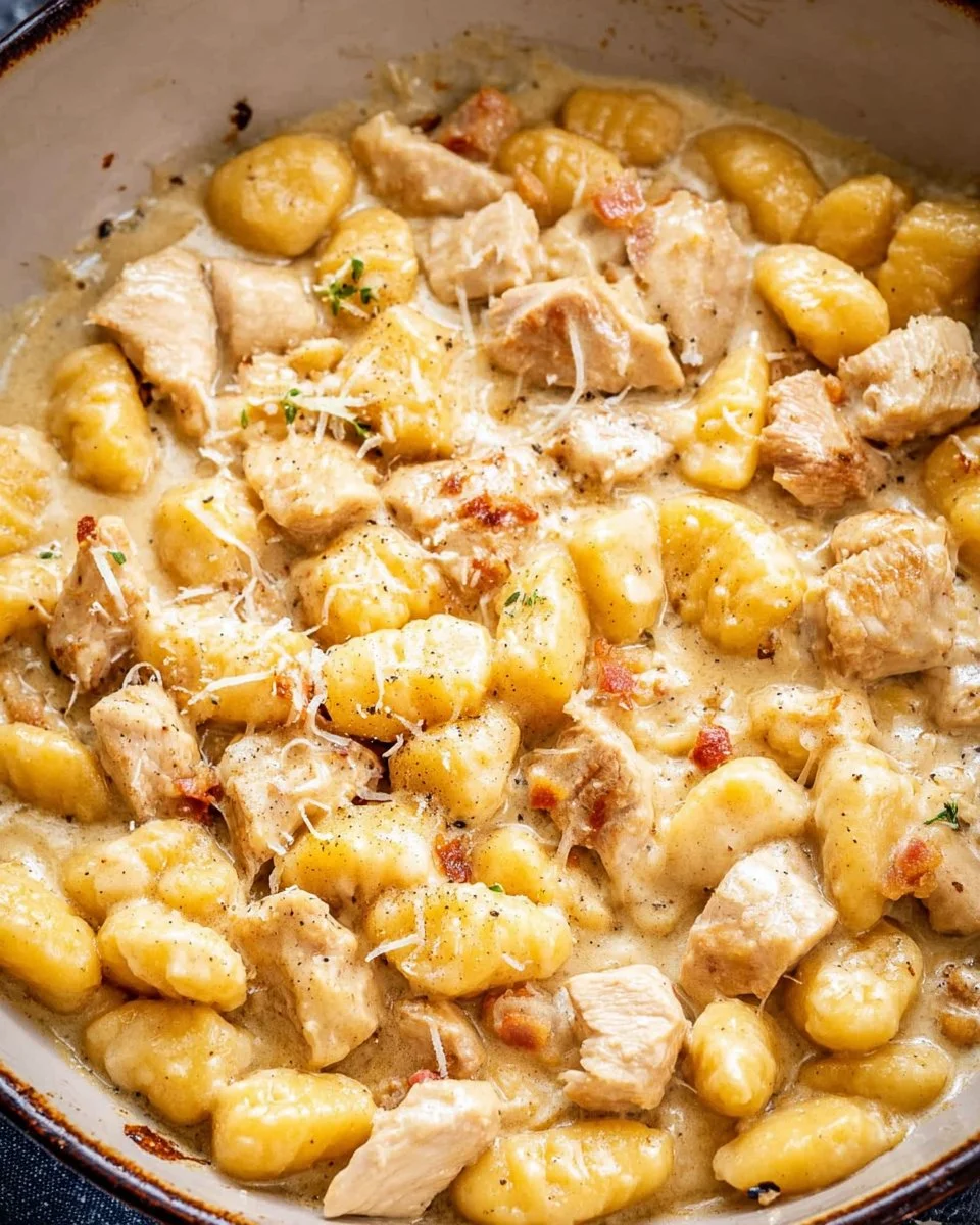Creamy gnocchi carbonara dish served in a bowl with parmesan cheese and herbs