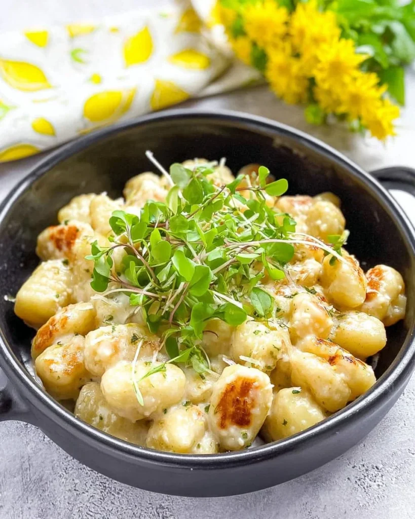 Gnocchi served with a zesty lemon-parmesan sauce, garnished with herbs
