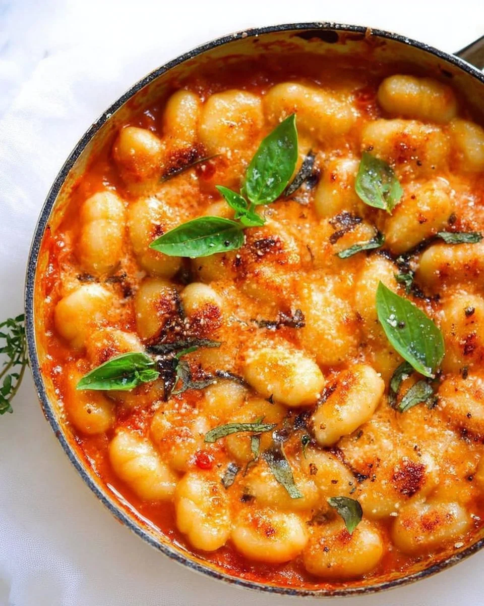 Plate of gnocchi served with delicious tomato sauce and fresh basil