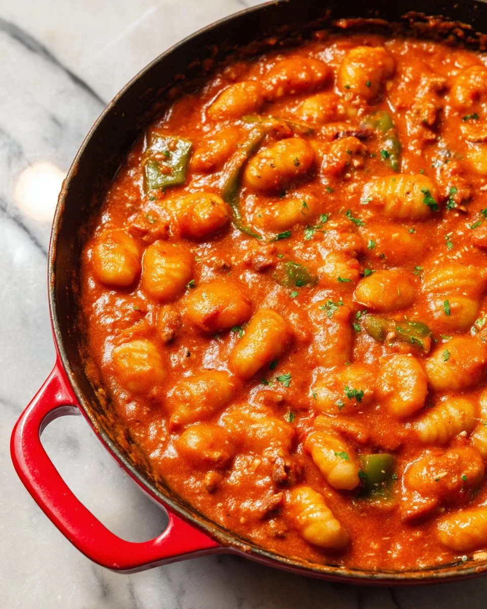 Plate of gnocchi served with vibrant tomato sauce and fresh basil