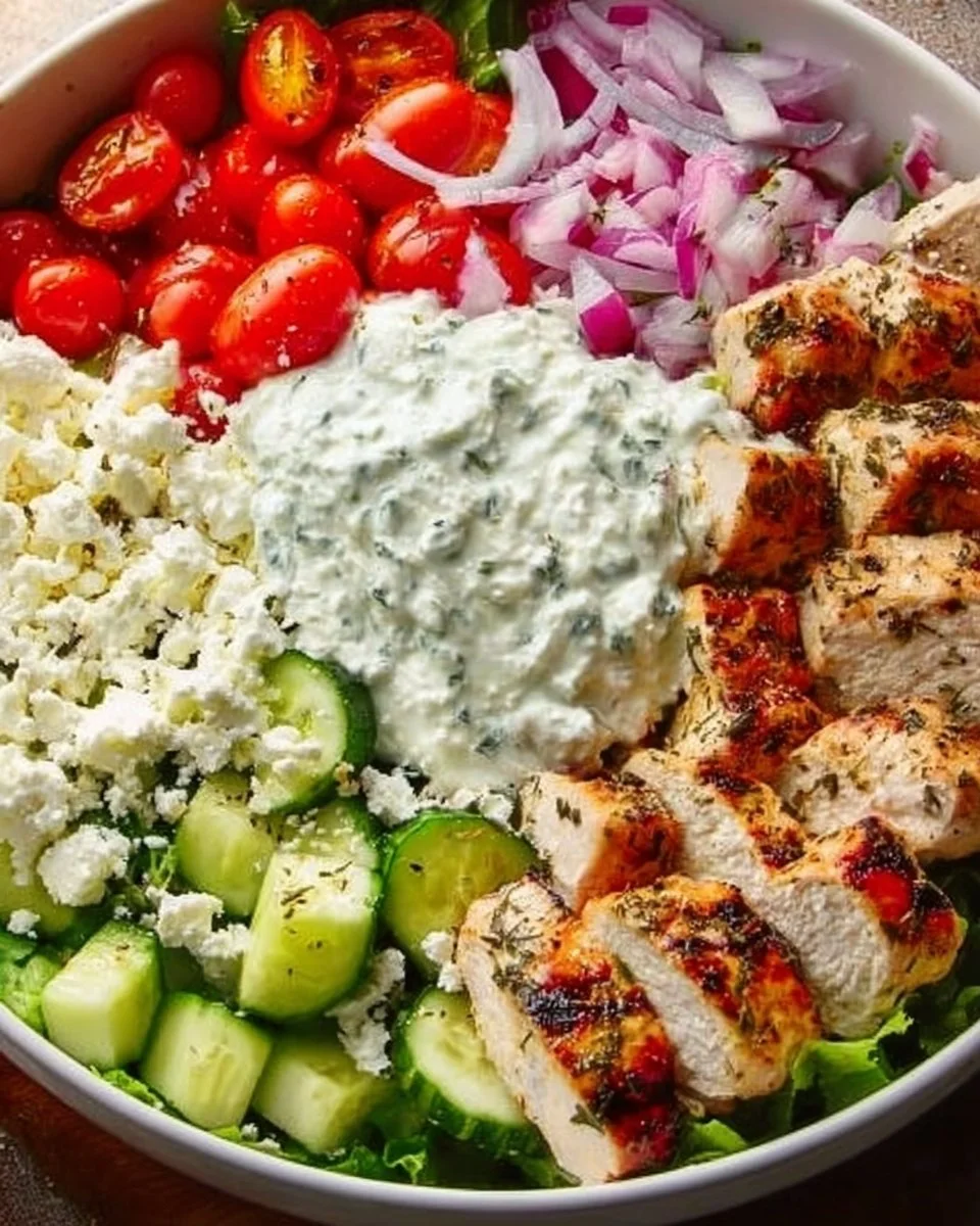 Delicious Greek Chicken Bowl with fresh vegetables and flavorful toppings