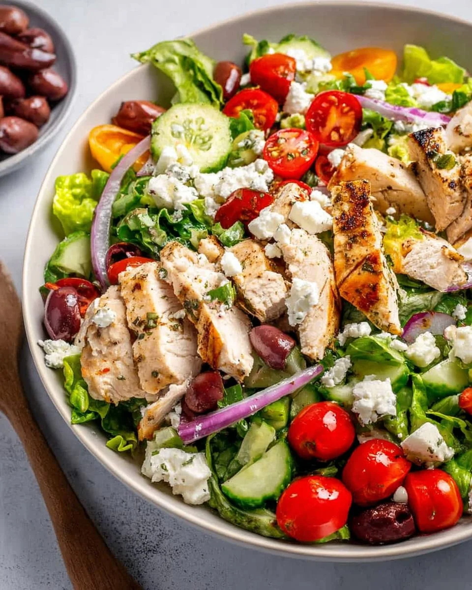 Delicious Greek Chicken Salad with olives, feta, and fresh vegetables