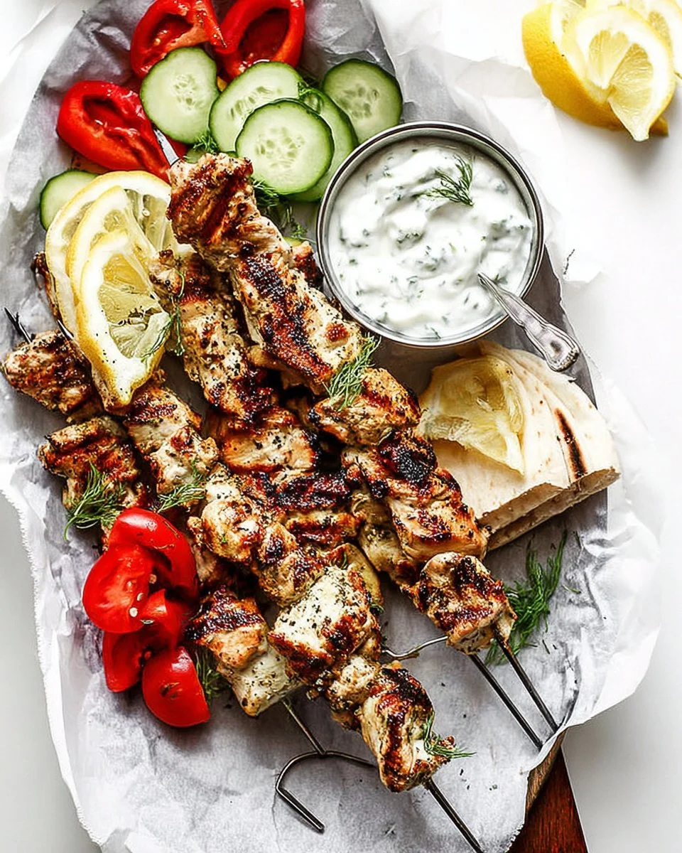 Delicious Greek chicken souvlaki served with fresh vegetables and tzatziki.