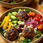Greek Meatball Bowl with fresh ingredients and spices