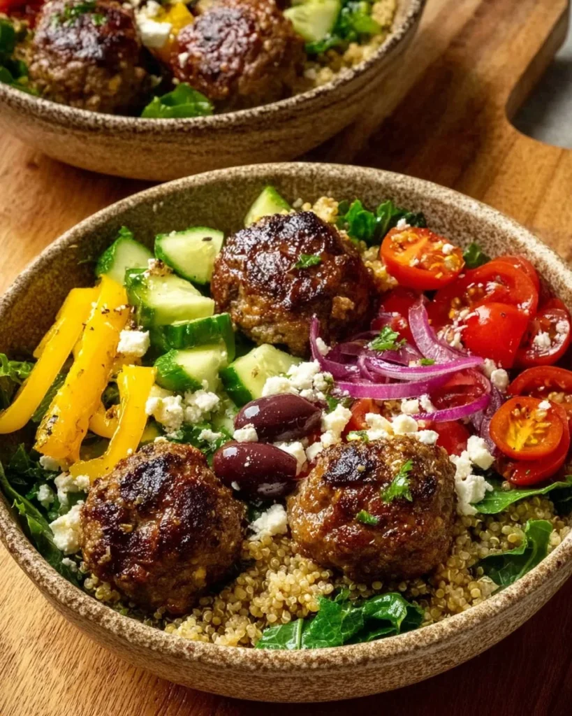 Greek Meatball Bowl with fresh ingredients and spices
