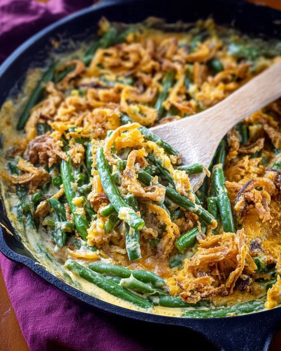 Creamy green bean casserole dish garnished and ready to serve