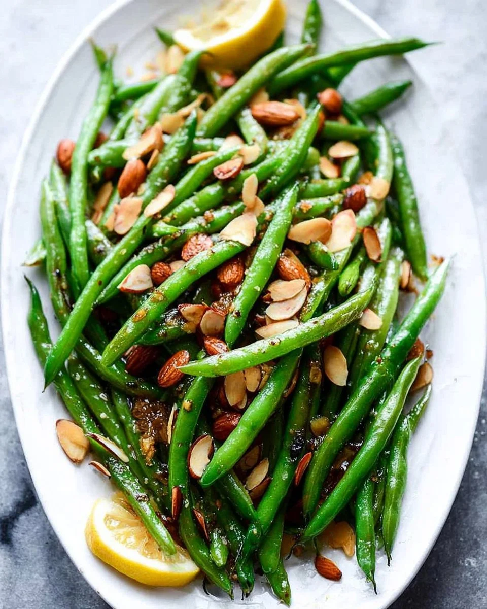 Green beans served with browned butter and almonds for a tasty side dish