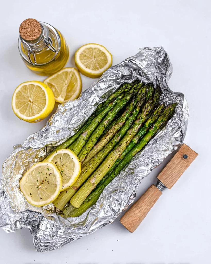 Delicious grilled asparagus cooked in foil, perfect for summer barbecues.