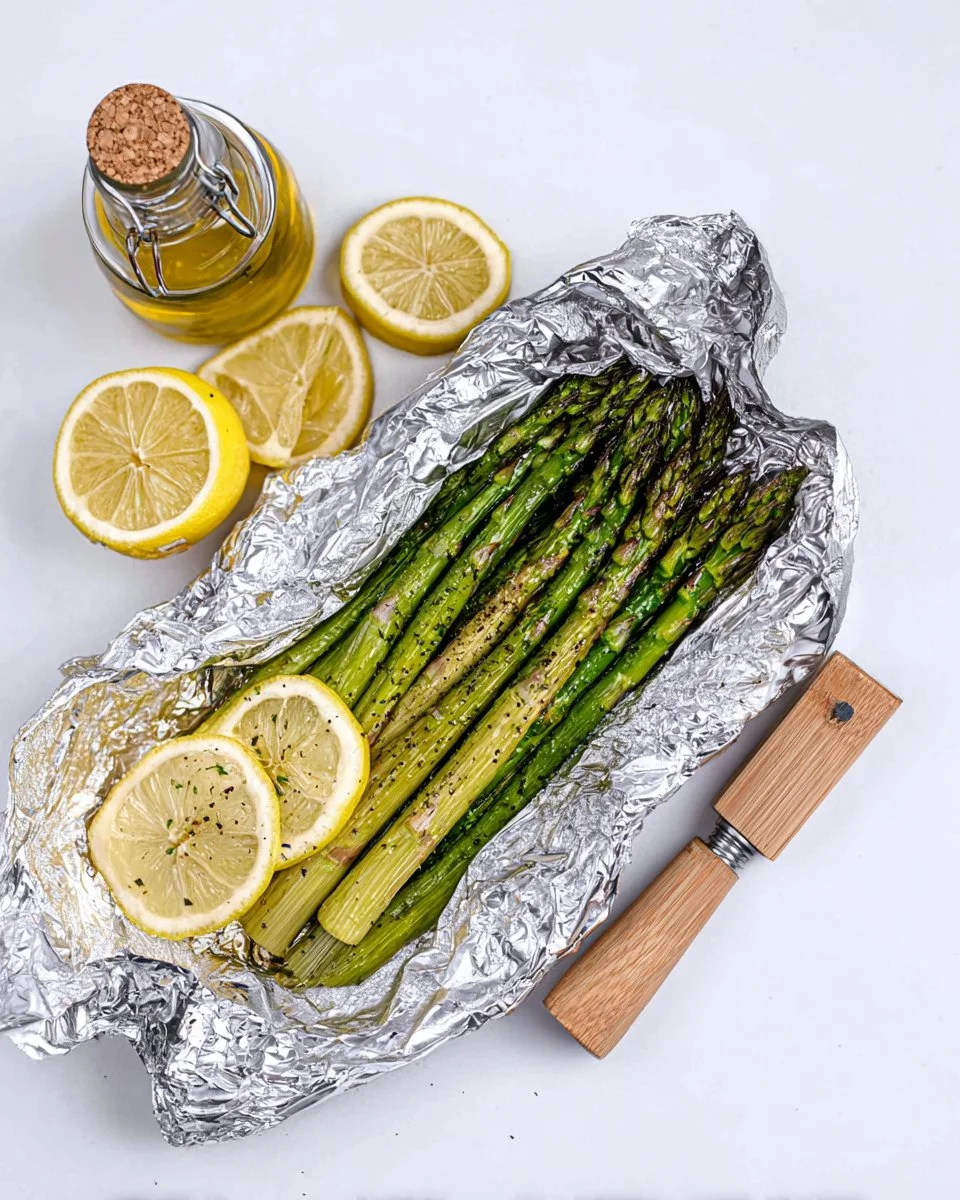 Delicious grilled asparagus cooked in foil, perfect for summer barbecues.