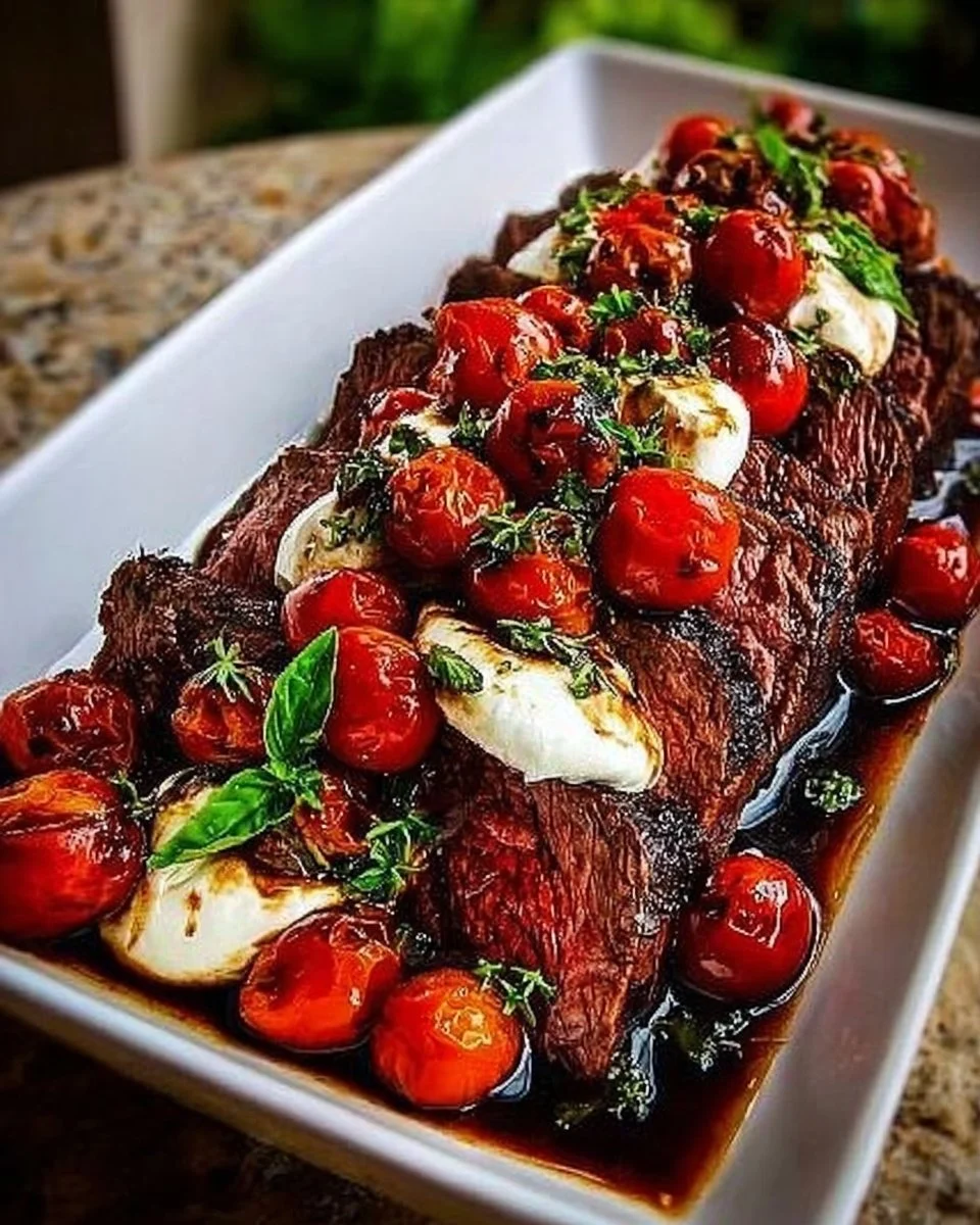 Grilled balsamic steak caprese with toppings of fresh mozzarella, tomatoes, and basil.