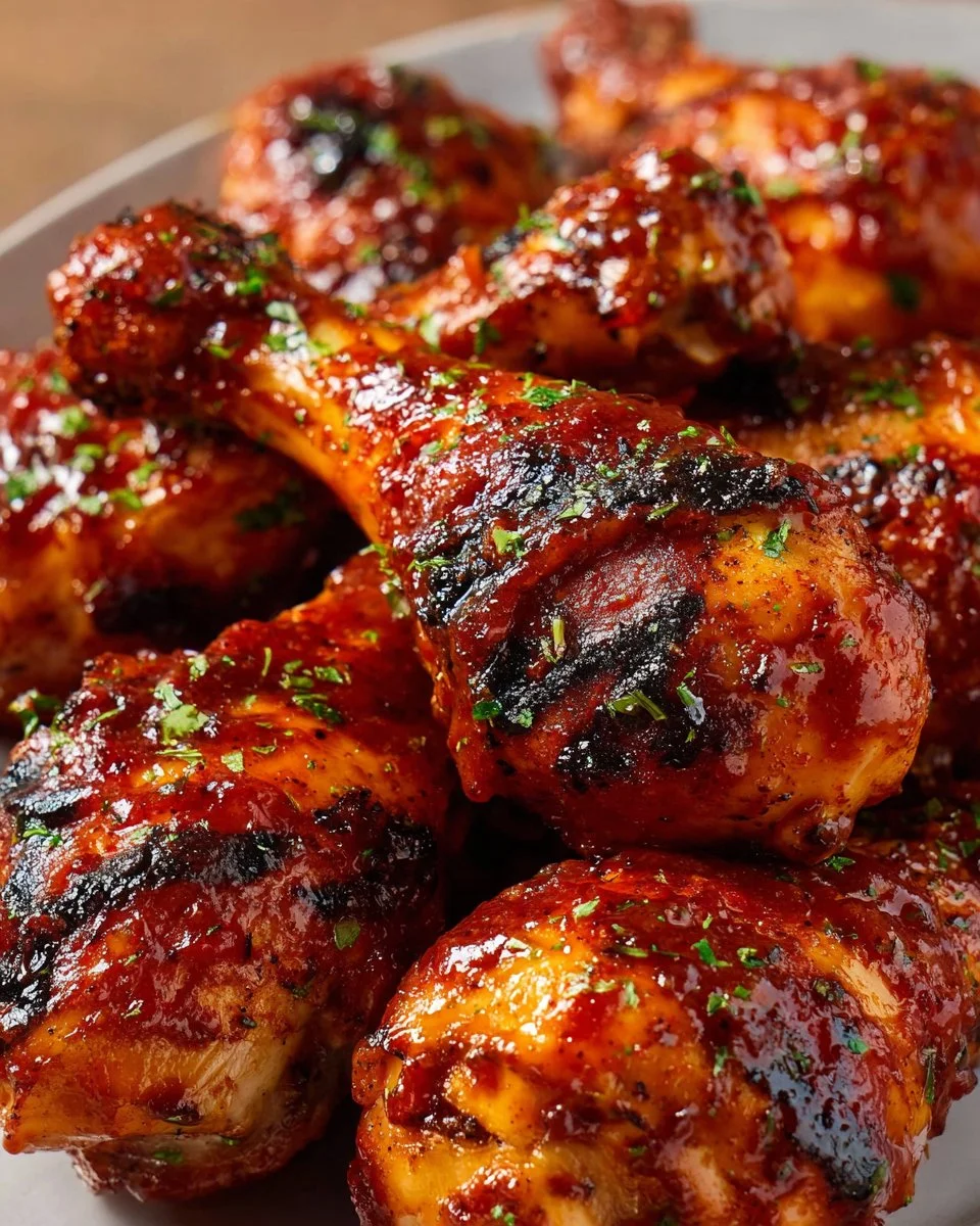 Grilled BBQ Chicken Drumsticks on a plate garnished with herbs