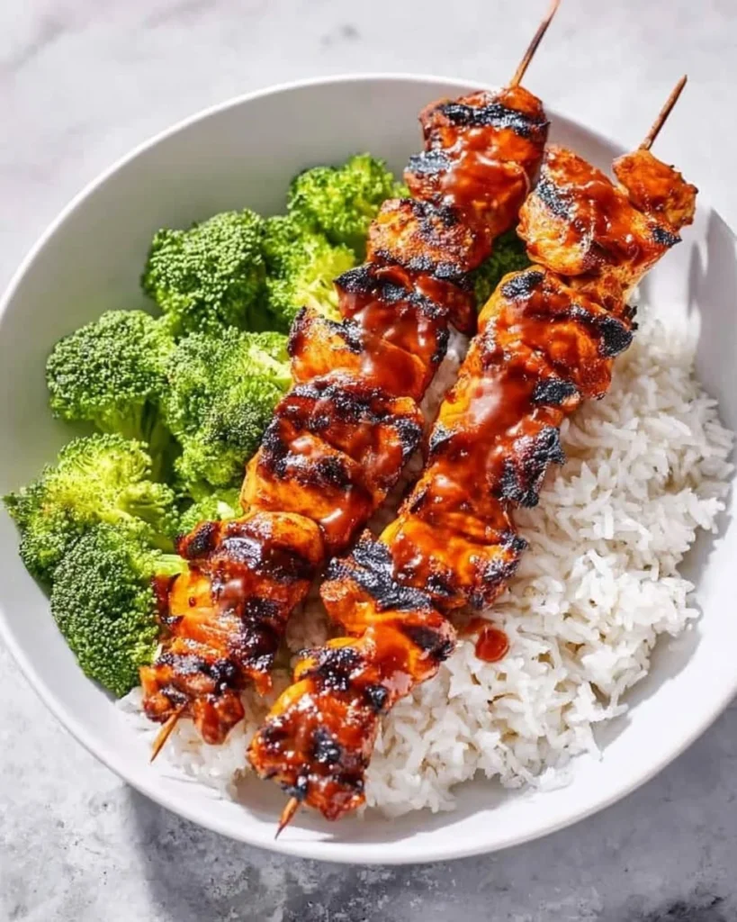 Delicious grilled BBQ chicken skewers served on a platter