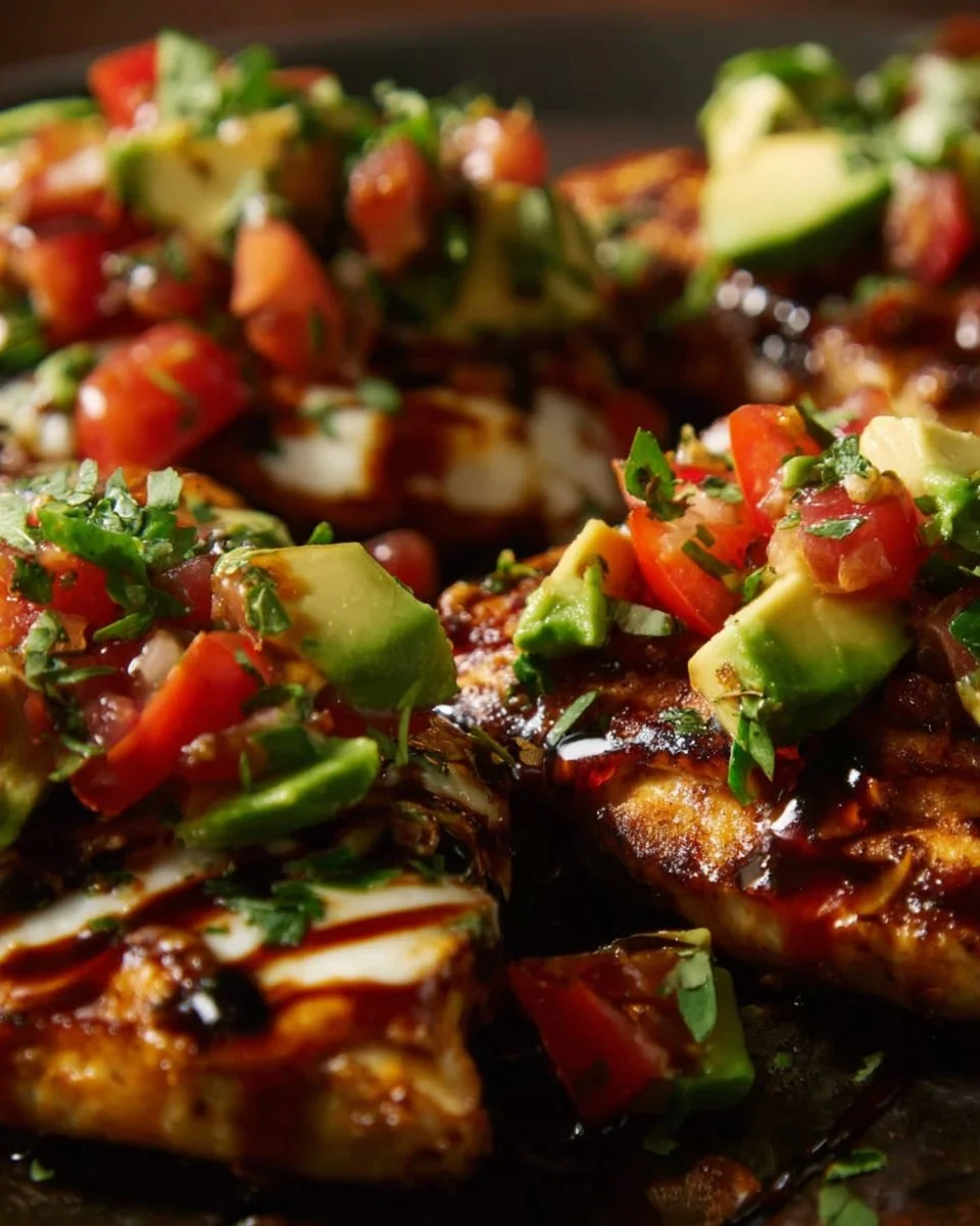 Grilled avocado chicken served with fresh herbs and vegetables