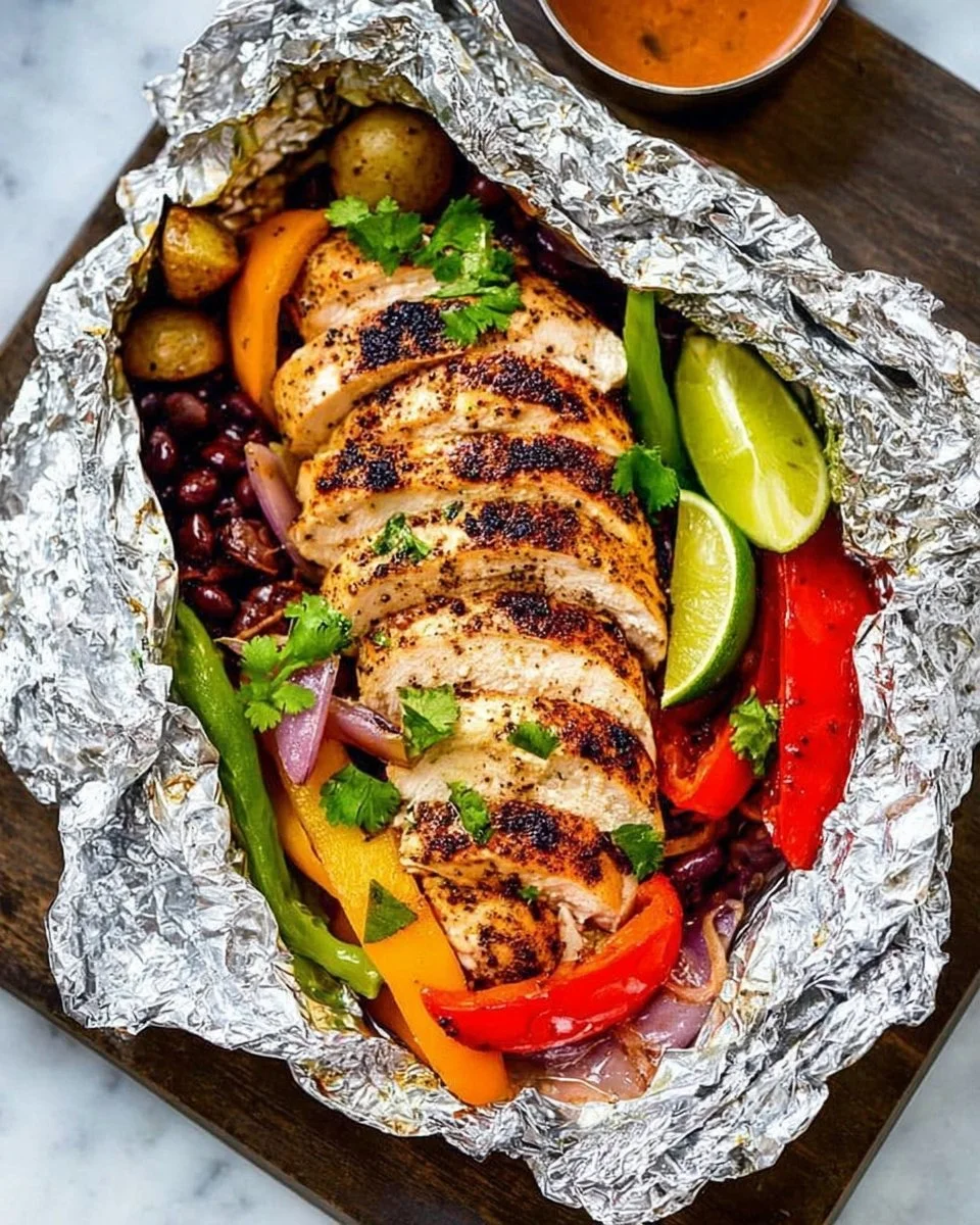 Grilled chicken and vegetable foil packets ready for cooking on the grill