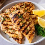 Grilled chicken breast served on a plate with vegetables, ideal for healthy meal prep.