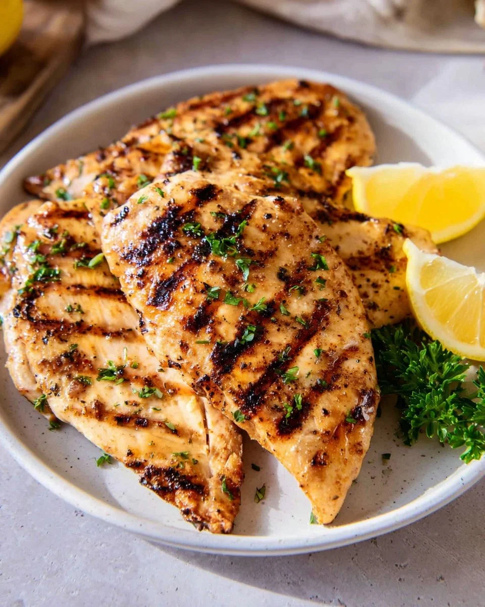 Grilled chicken breast served on a plate with vegetables, ideal for healthy meal prep.