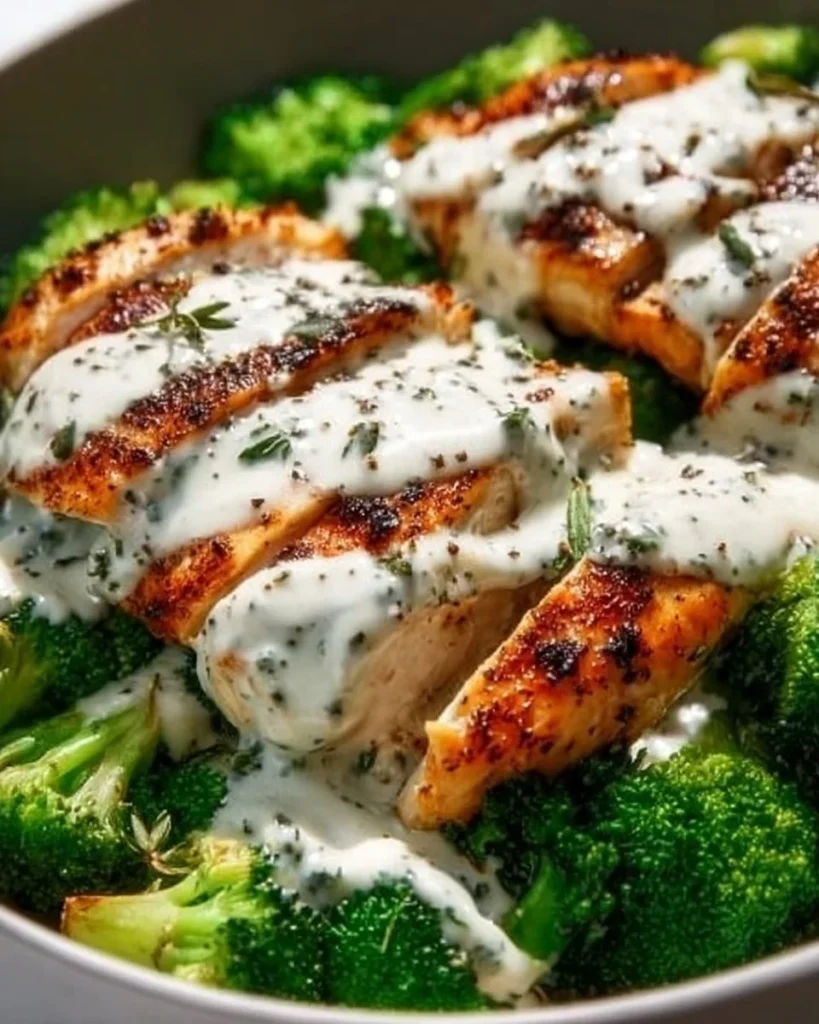 Grilled chicken broccoli bowls with creamy garlic sauce.