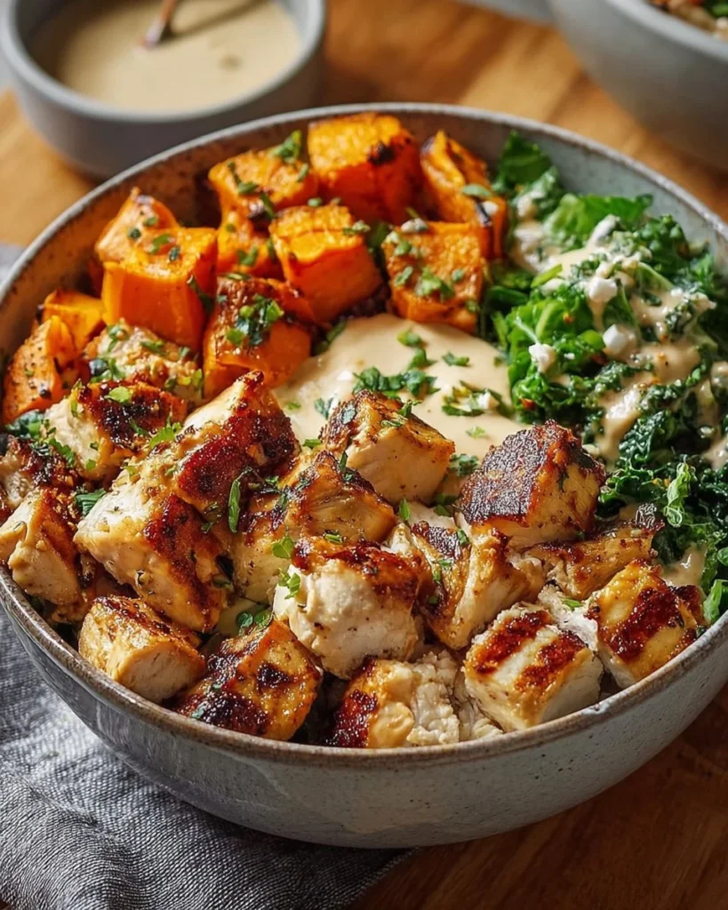 Healthy grilled chicken salad with fresh vegetables and dressing for families