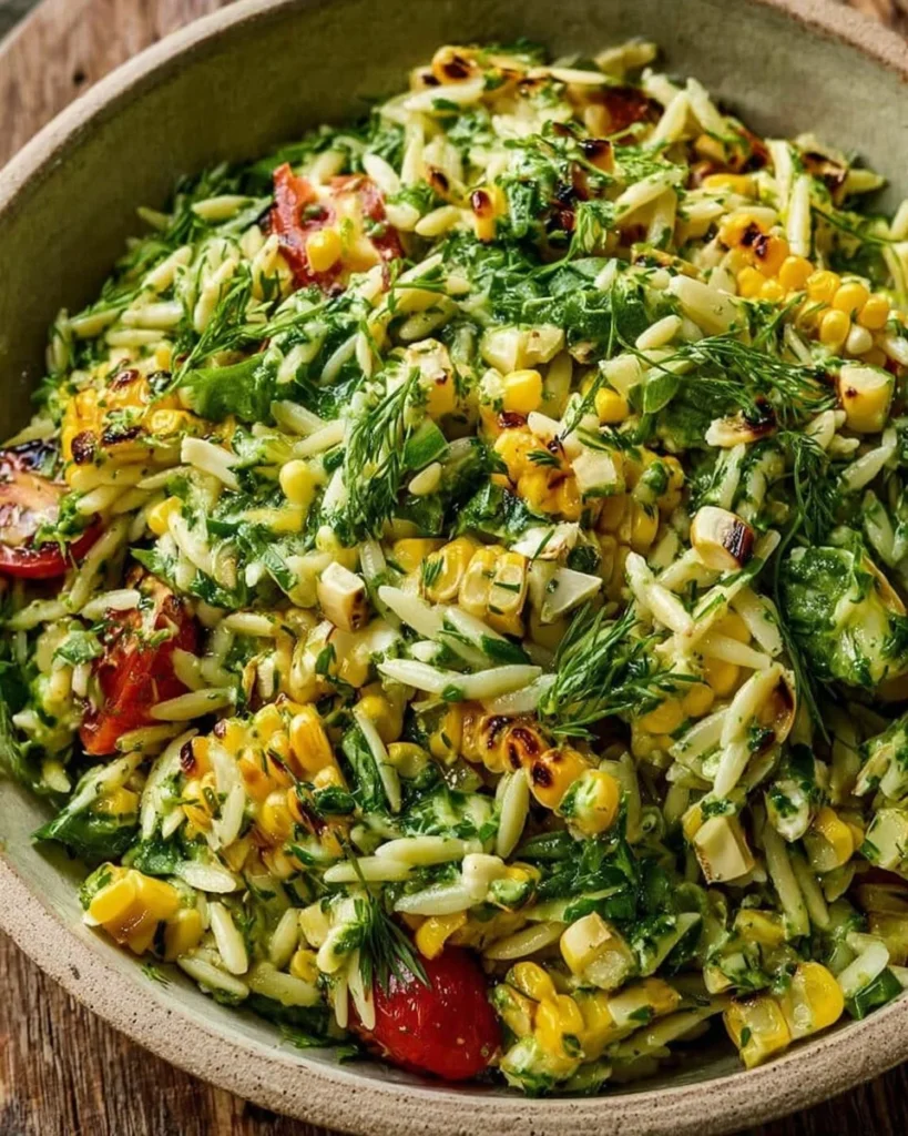 Delicious Grilled Corn Orzo Salad with Scallion Dill Dressing