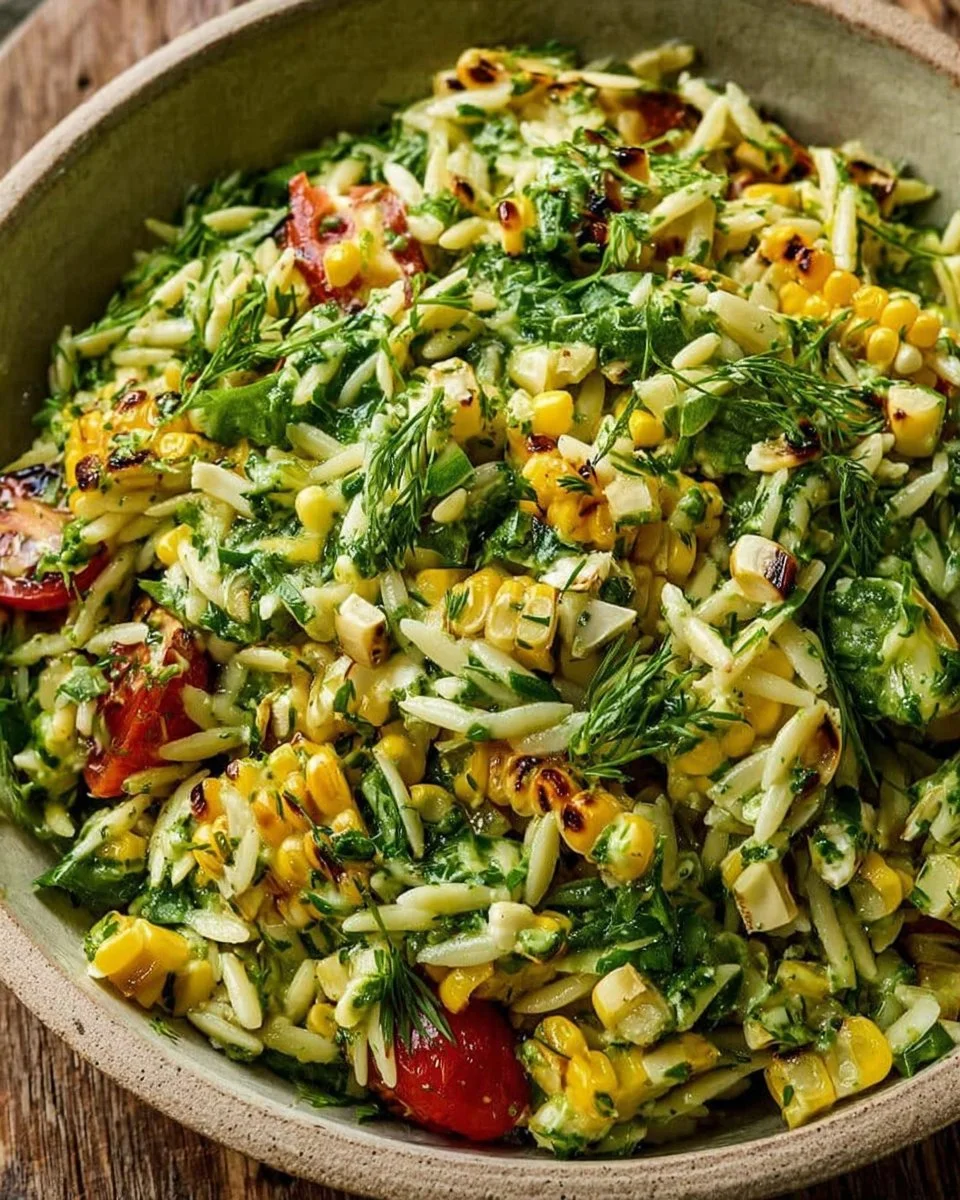 Delicious Grilled Corn Orzo Salad with Scallion Dill Dressing