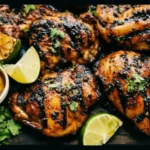 Grilled honey lime cilantro chicken on a plate garnished with fresh herbs