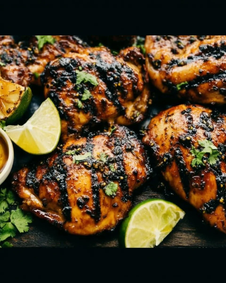 Grilled honey lime cilantro chicken on a plate garnished with fresh herbs