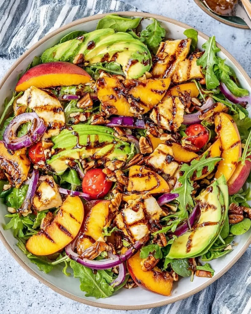 Delicious grilled peach salad with greens and dressing