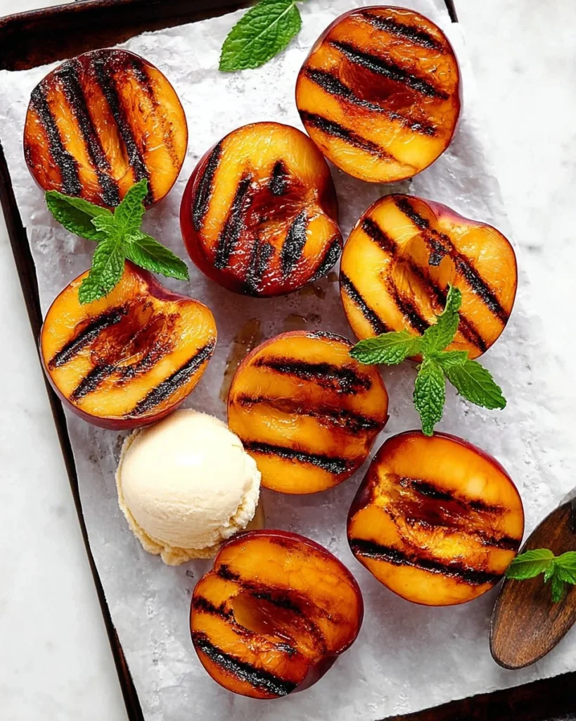 Delicious grilled peaches on a plate garnished with mint.