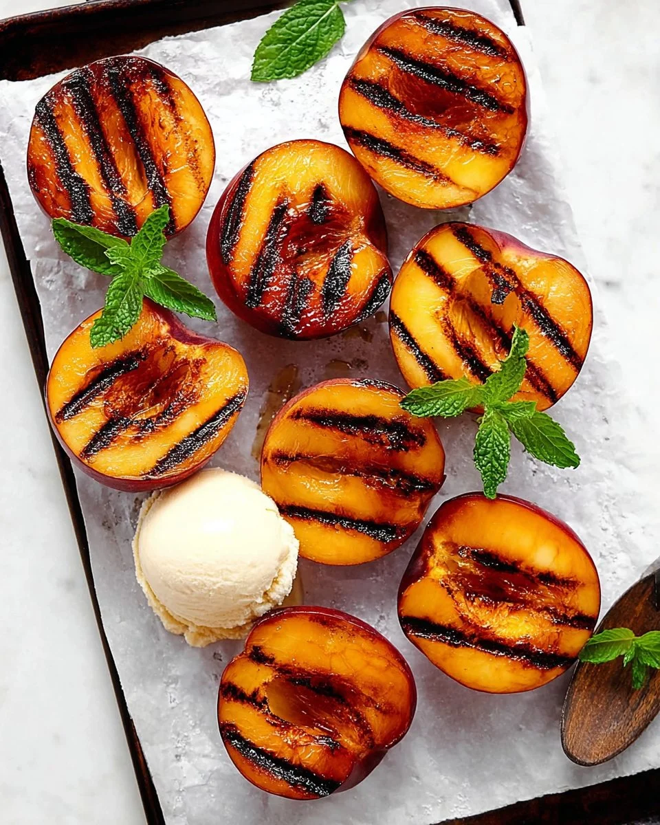 Delicious grilled peaches on a plate garnished with mint.