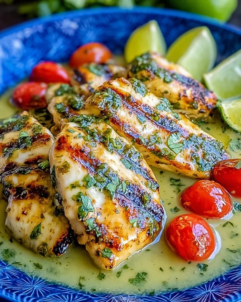 Grilled salsa verde chicken topped with pepper jack cheese garnished with cilantro