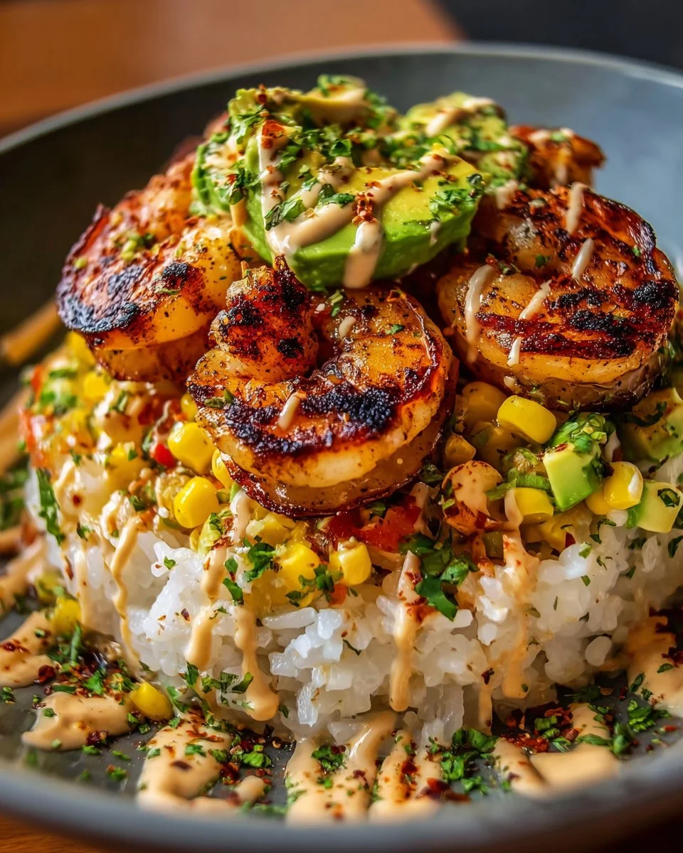 Grilled shrimp bowl with fresh vegetables and garnishes