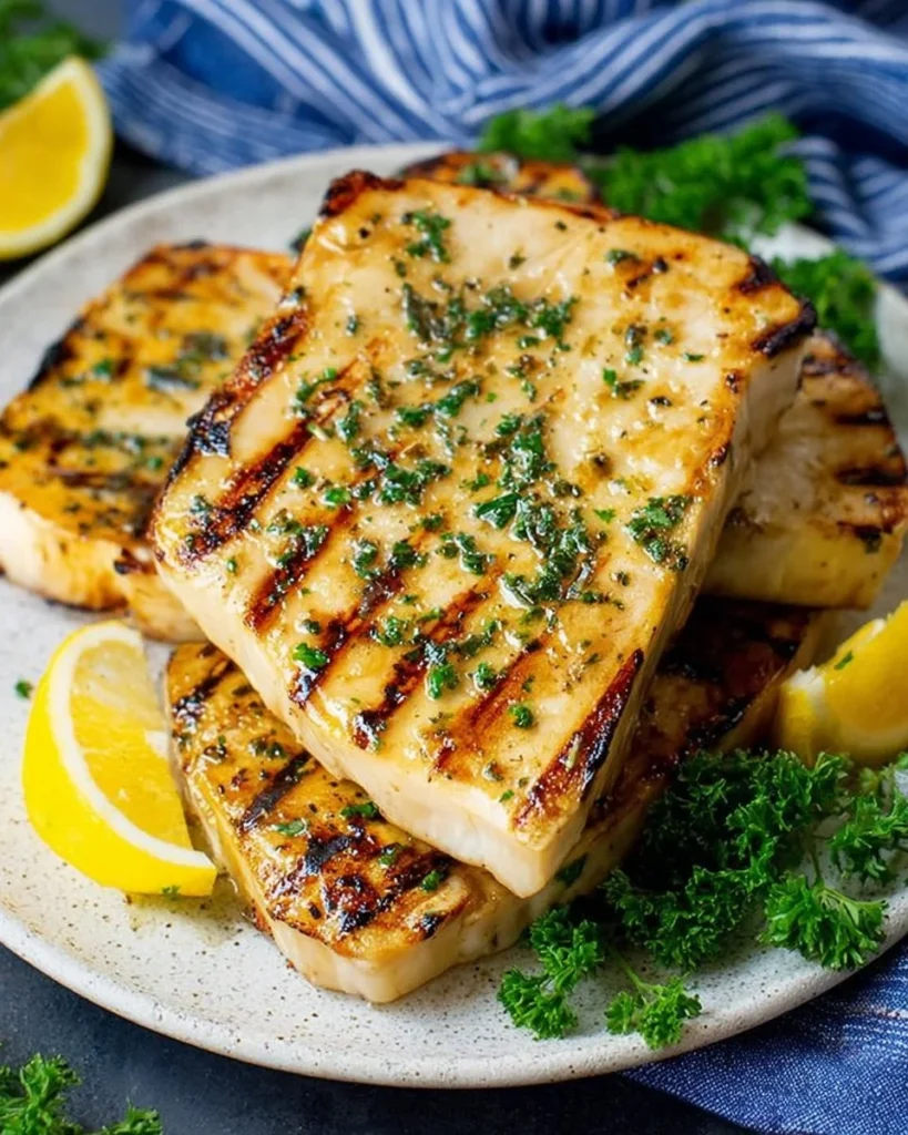 Delicious grilled swordfish served with fresh vegetables and herbs.