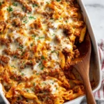 Delicious Ground Beef Casserole topped with cheese and herbs
