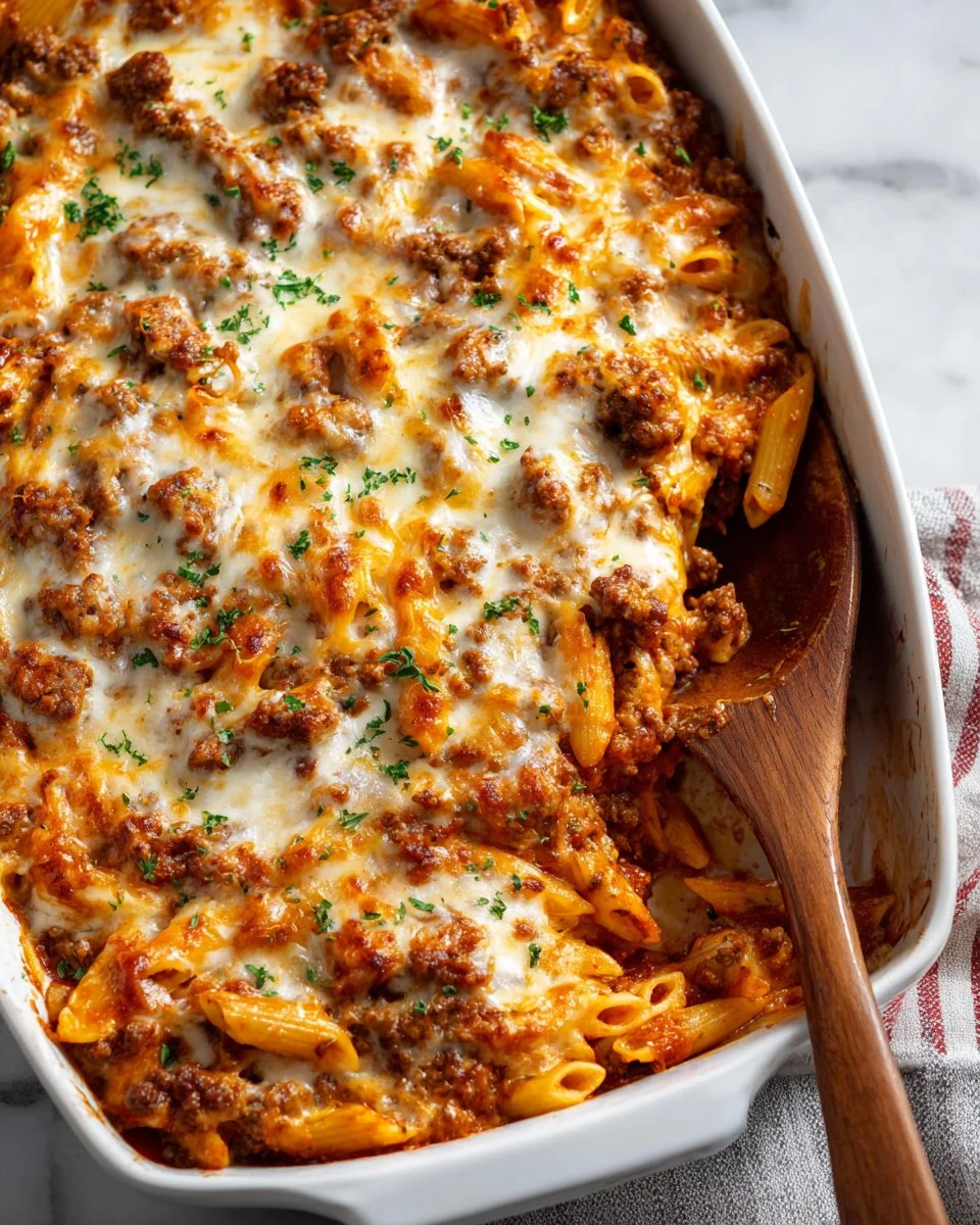 Delicious Ground Beef Casserole topped with cheese and herbs